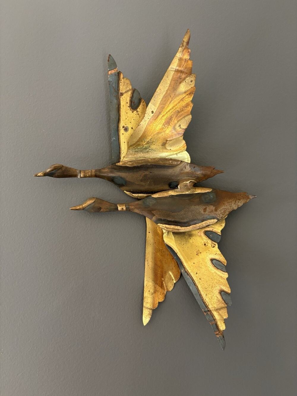 MCM Brutalist Vintage Flying Ducks Geese Brass Metal Welded Wall Art Hanging